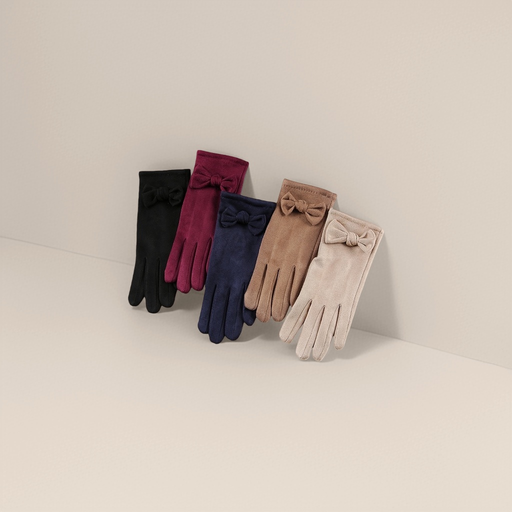 Fashionable and elegant bow-decorated gloves set in five colors: black, Burgundy, dark blue, brown and beige details Picture