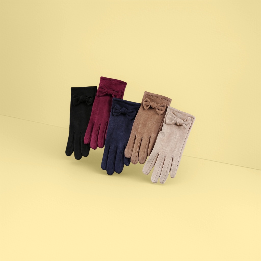 Fashionable and elegant bow-decorated gloves set in five colors: black, Burgundy, dark blue, brown and beige