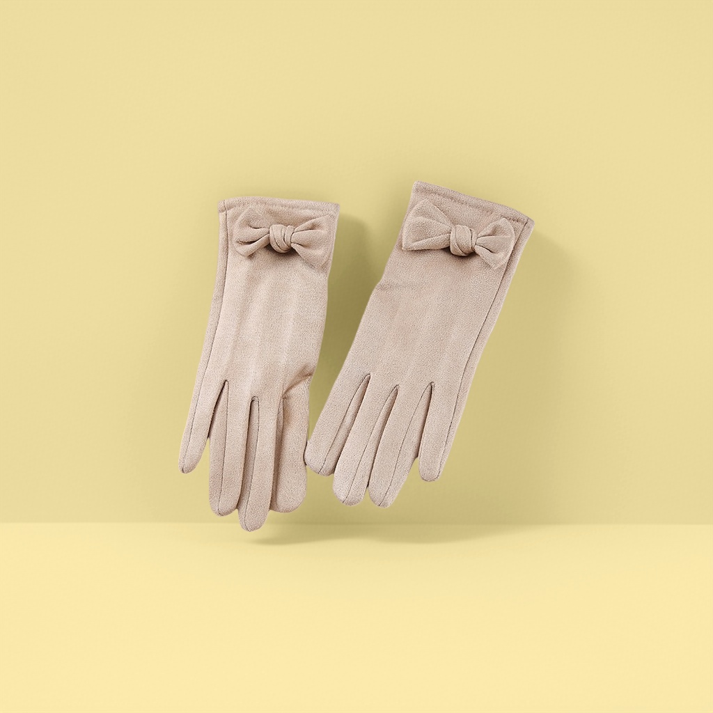 Light-colored bow-decorated gloves for women's warm knitted gloves for autumn and winter