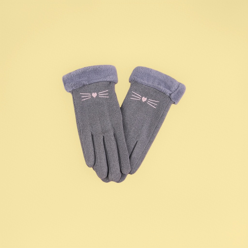 Soft and anti-slip cat-ear patterned warm gloves for women, cute style for autumn and winter