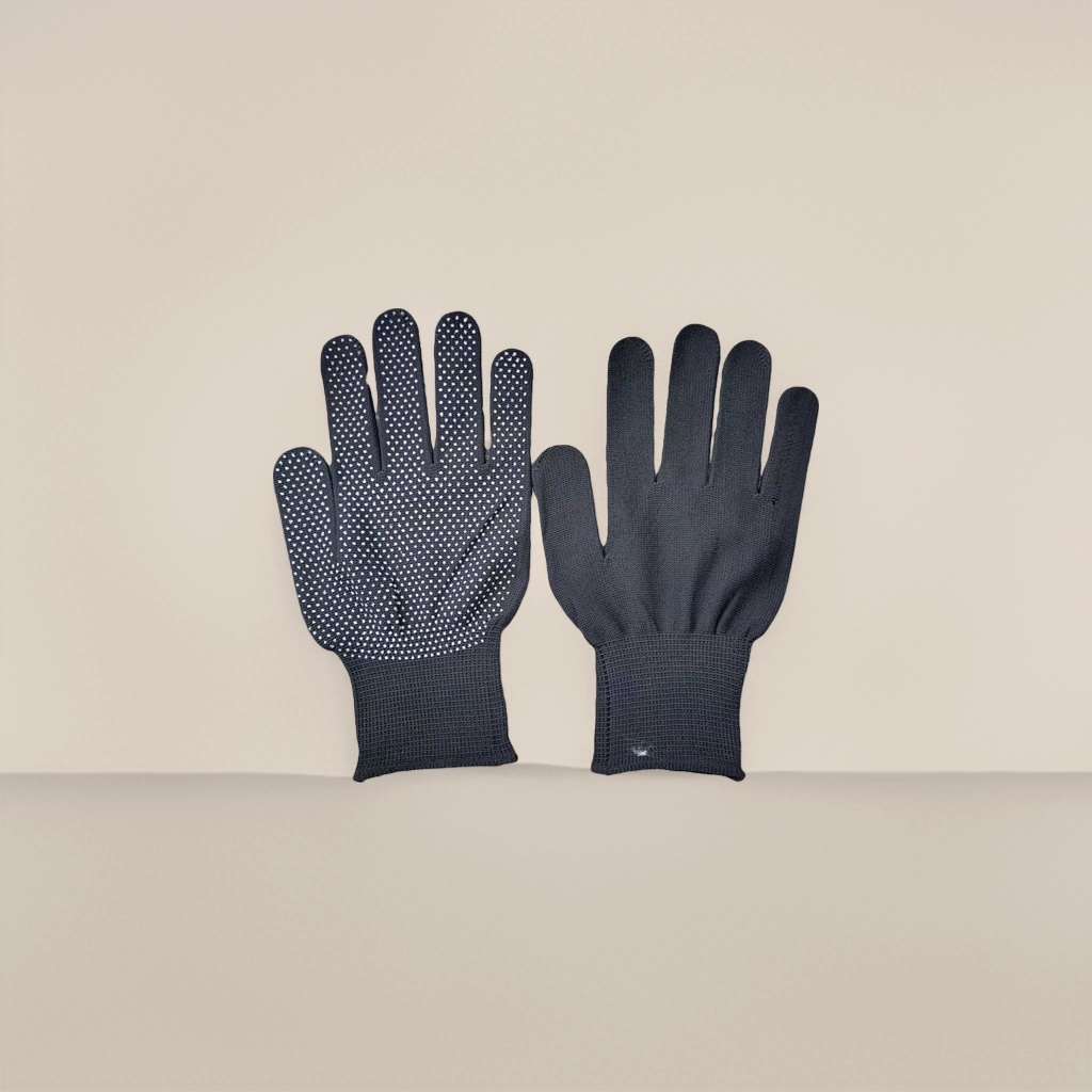 Black nylon gloves with dot-patterned anti-slip design Specification image