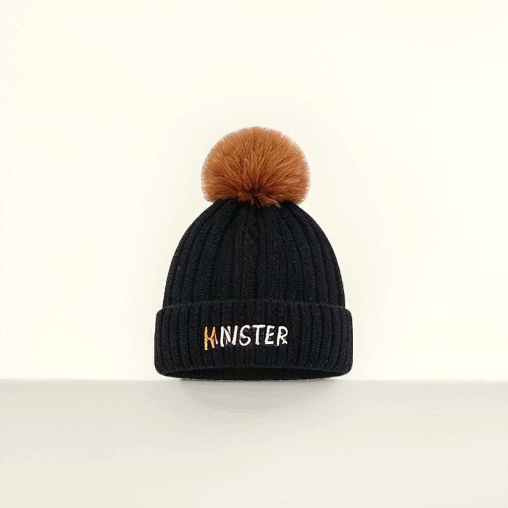 Black woolen hat for women, warm knitted hat for autumn and winter, knitted hat details Picture