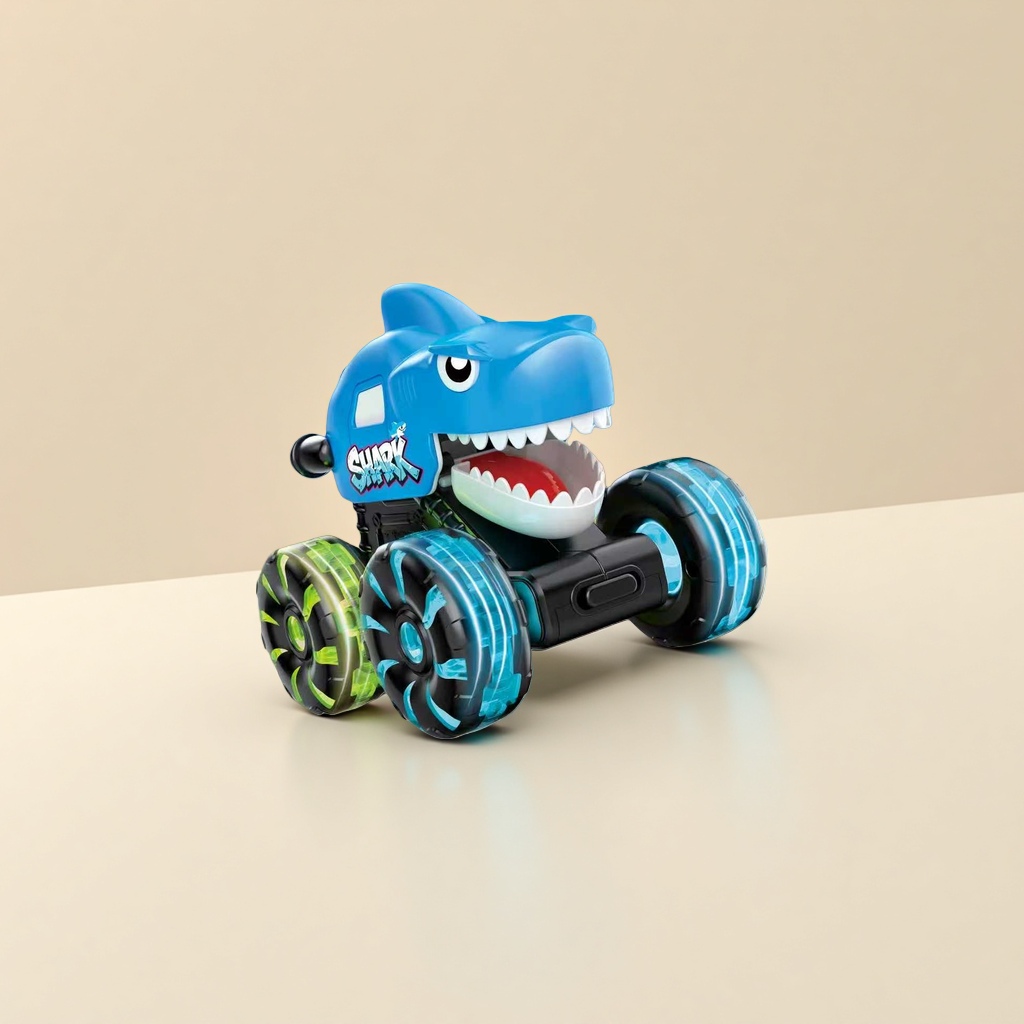 Blue shark-shaped illuminated wheel toy car PRESS GO urban landscape wooden base details Picture