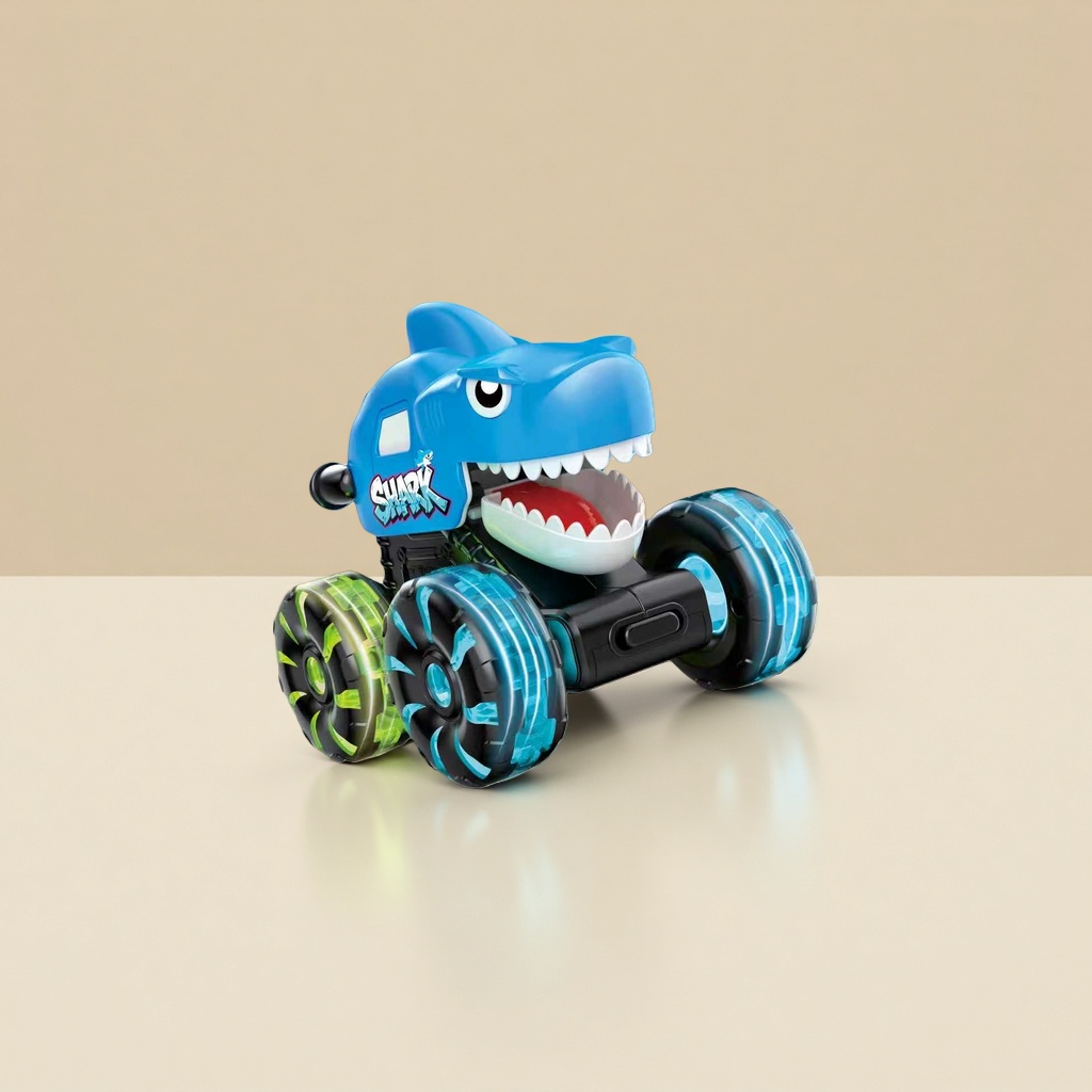 Blue shark-shaped illuminated wheel toy car PRESS GO urban landscape wooden base