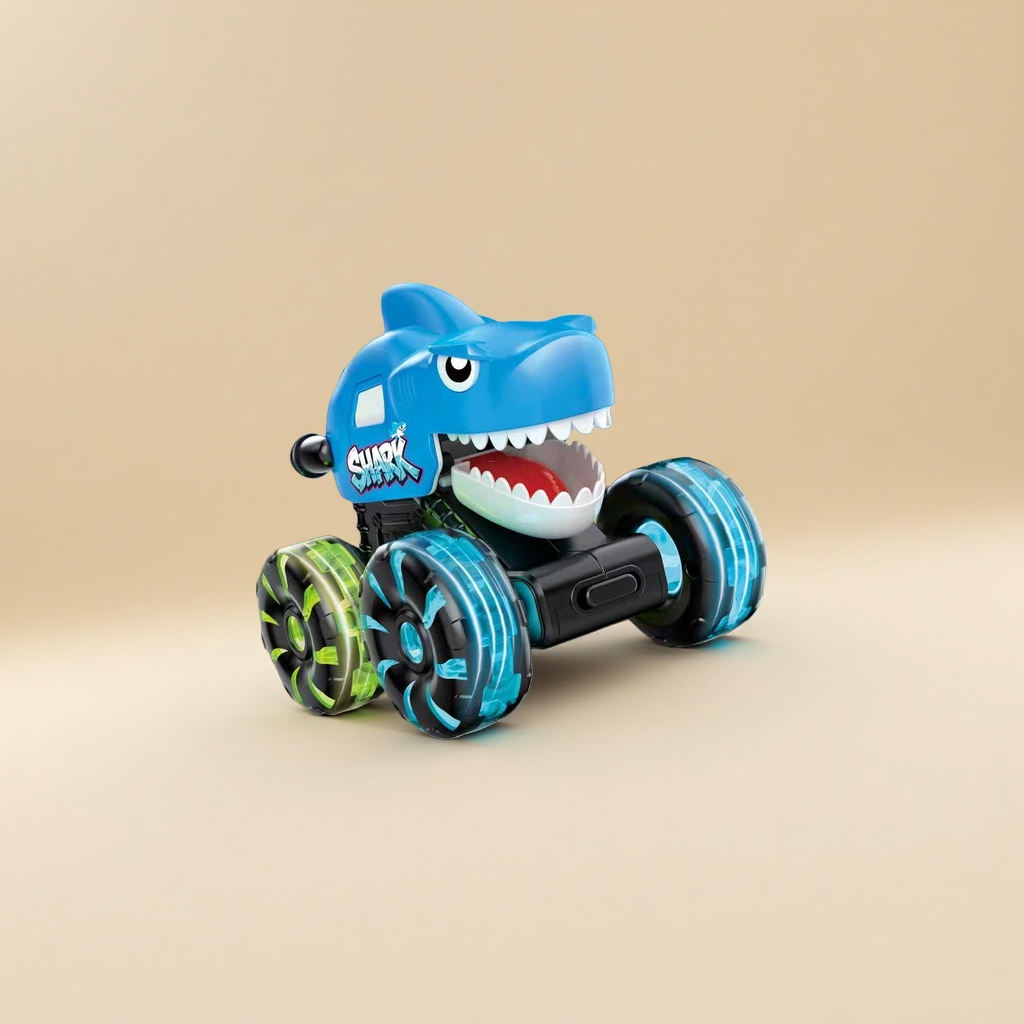 Blue shark-shaped illuminated wheel toy car PRESS GO urban landscape wooden base Specification image