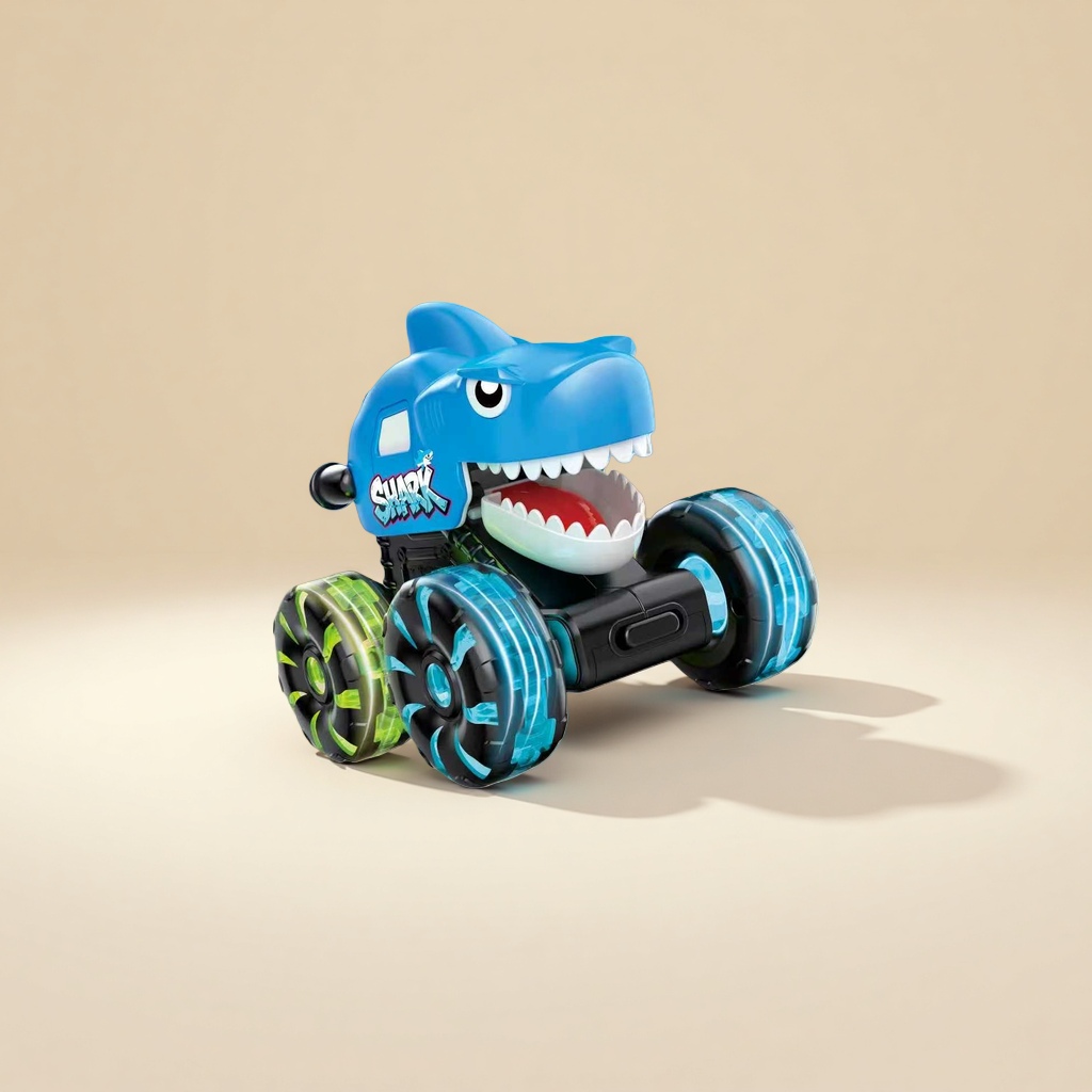 Blue shark-shaped illuminated wheel toy car PRESS GO urban landscape wooden base Application Scenario