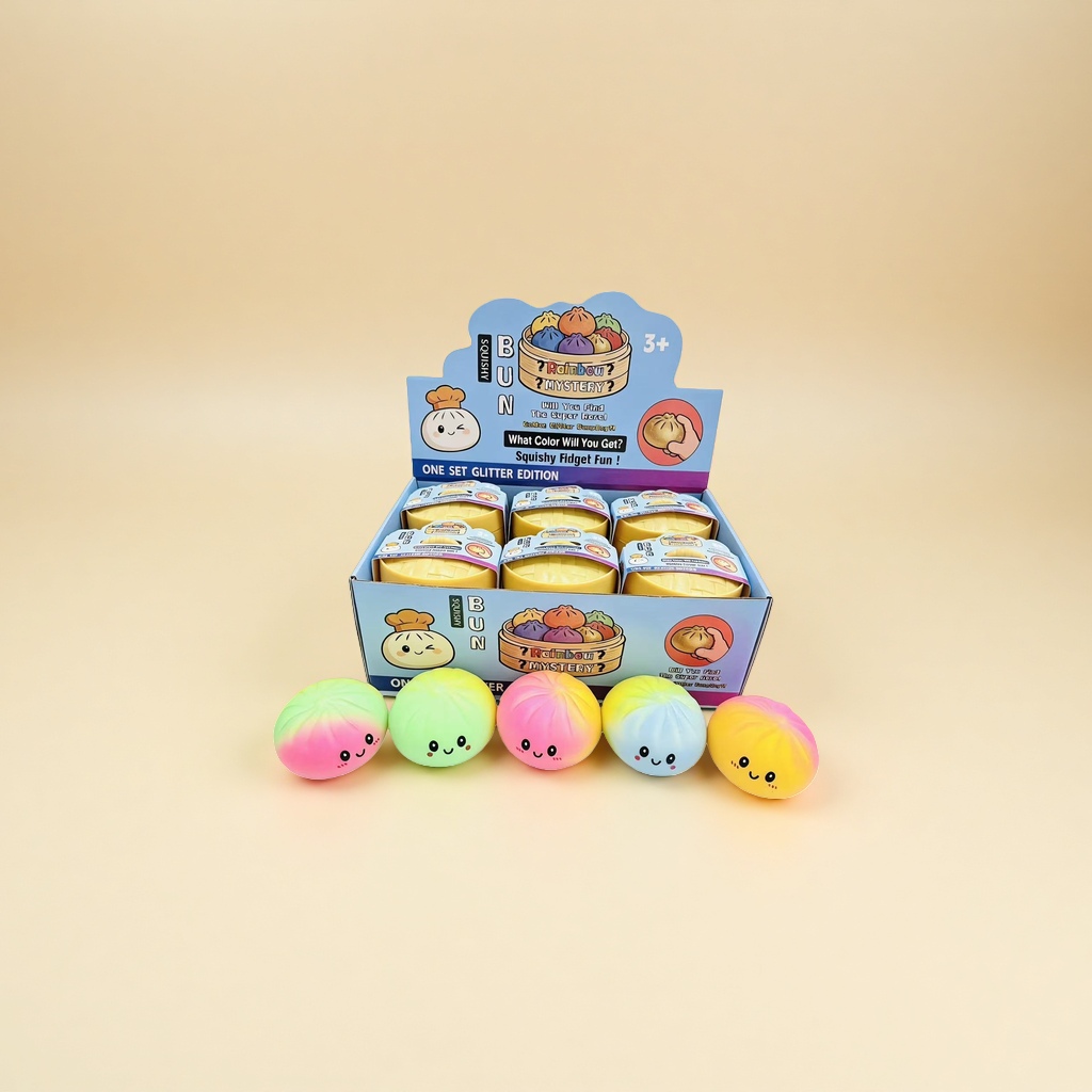 A cute soft rubber toy for squeezing and relieving pressure in the shape of colorful gradient buns Application Scenario