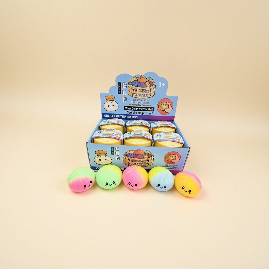 A cute soft rubber toy for squeezing and relieving pressure in the shape of colorful gradient buns details Picture