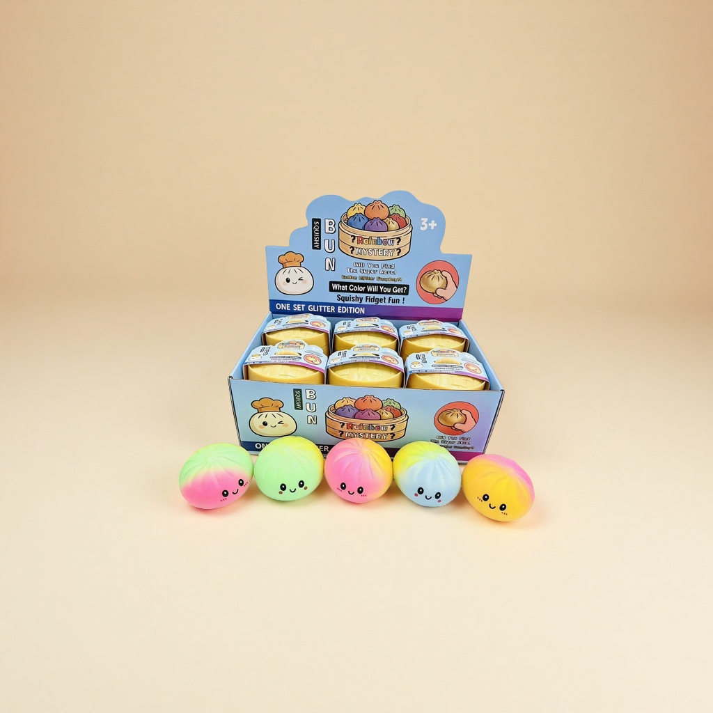 A cute soft rubber toy for squeezing and relieving pressure in the shape of colorful gradient buns