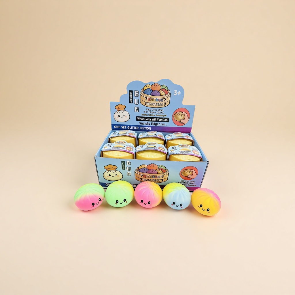 A cute soft rubber toy for squeezing and relieving pressure in the shape of colorful gradient buns Specification image