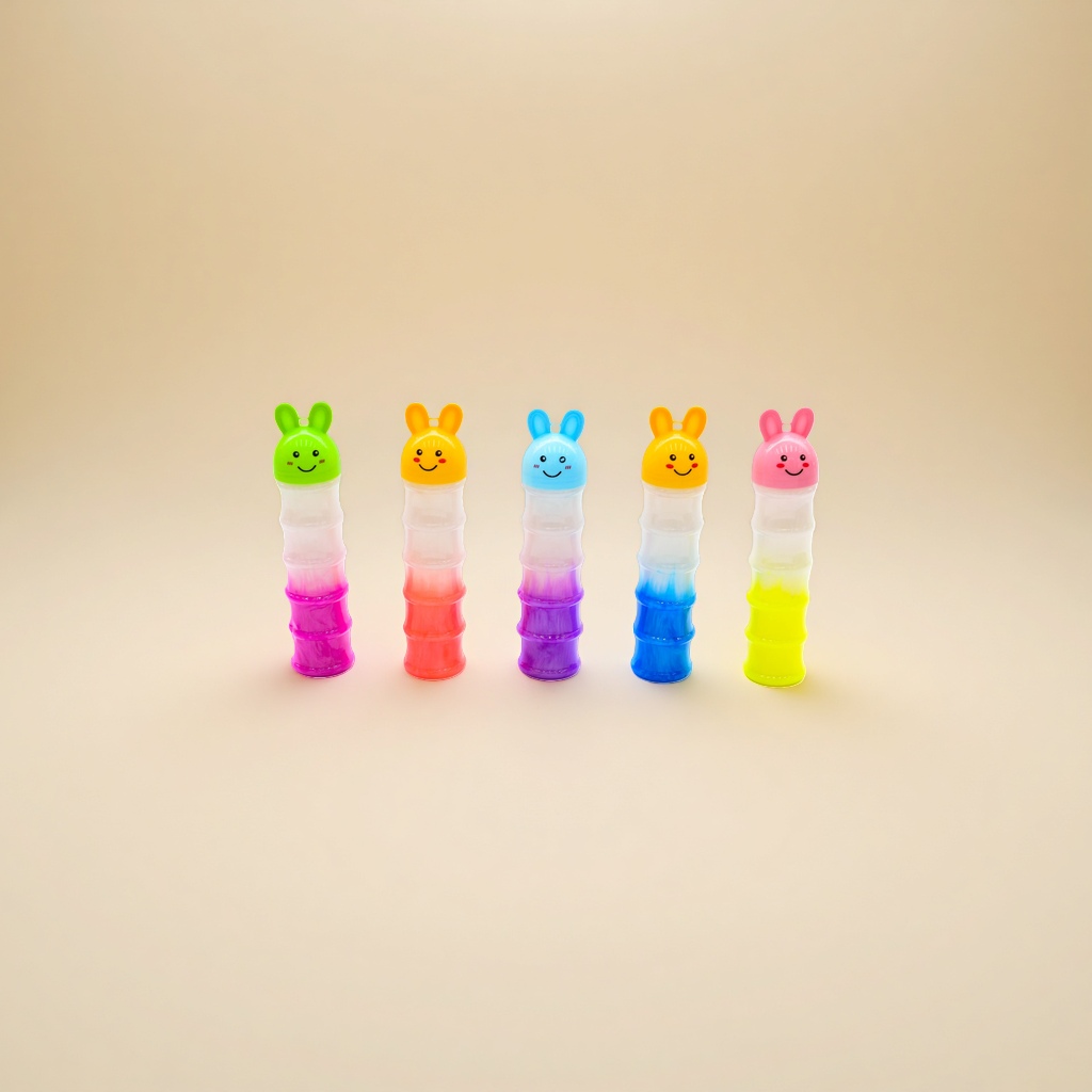 A five-piece set of color-changing rabbit-shaped extrusion bottles with gradient colors and white background rabbit caps Specification image