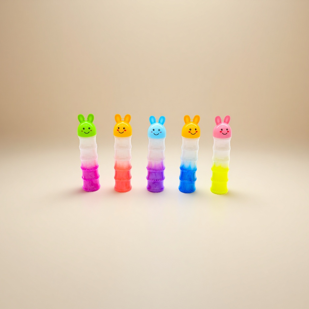 A five-piece set of color-changing rabbit-shaped extrusion bottles with gradient colors and white background rabbit caps details Picture