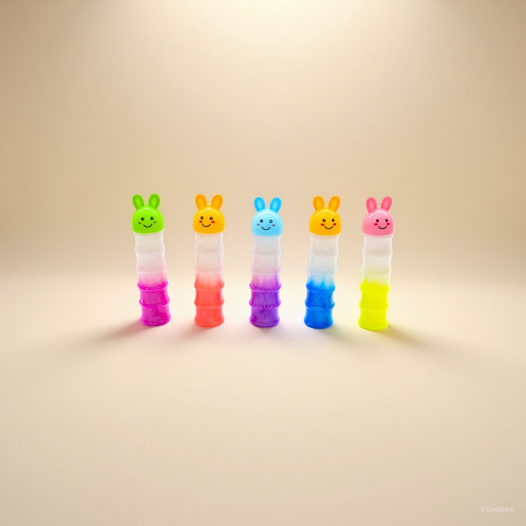 A five-piece set of color-changing rabbit-shaped extrusion bottles with gradient colors and white background rabbit caps Application Scenario