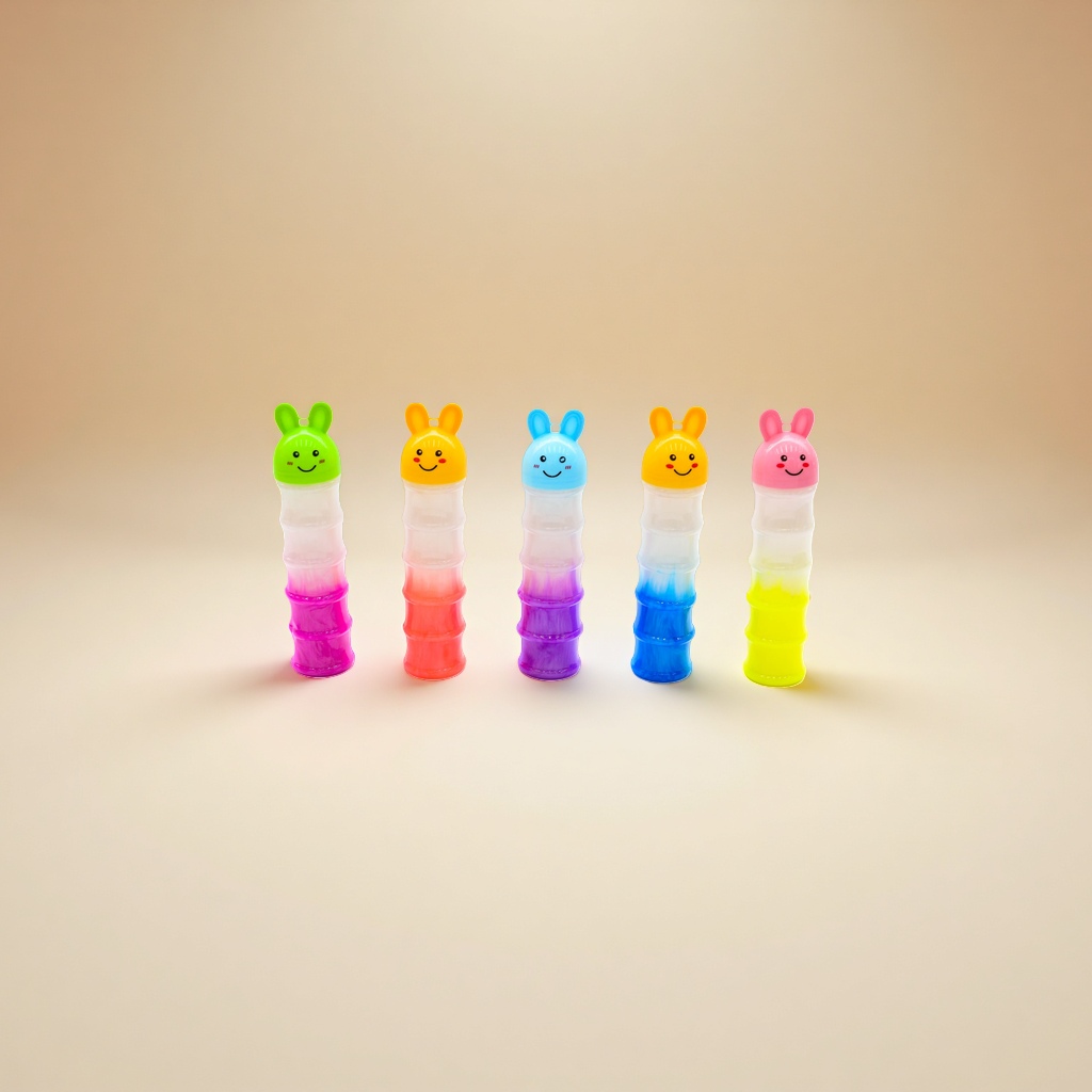 A five-piece set of color-changing rabbit-shaped extrusion bottles with gradient colors and white background rabbit caps