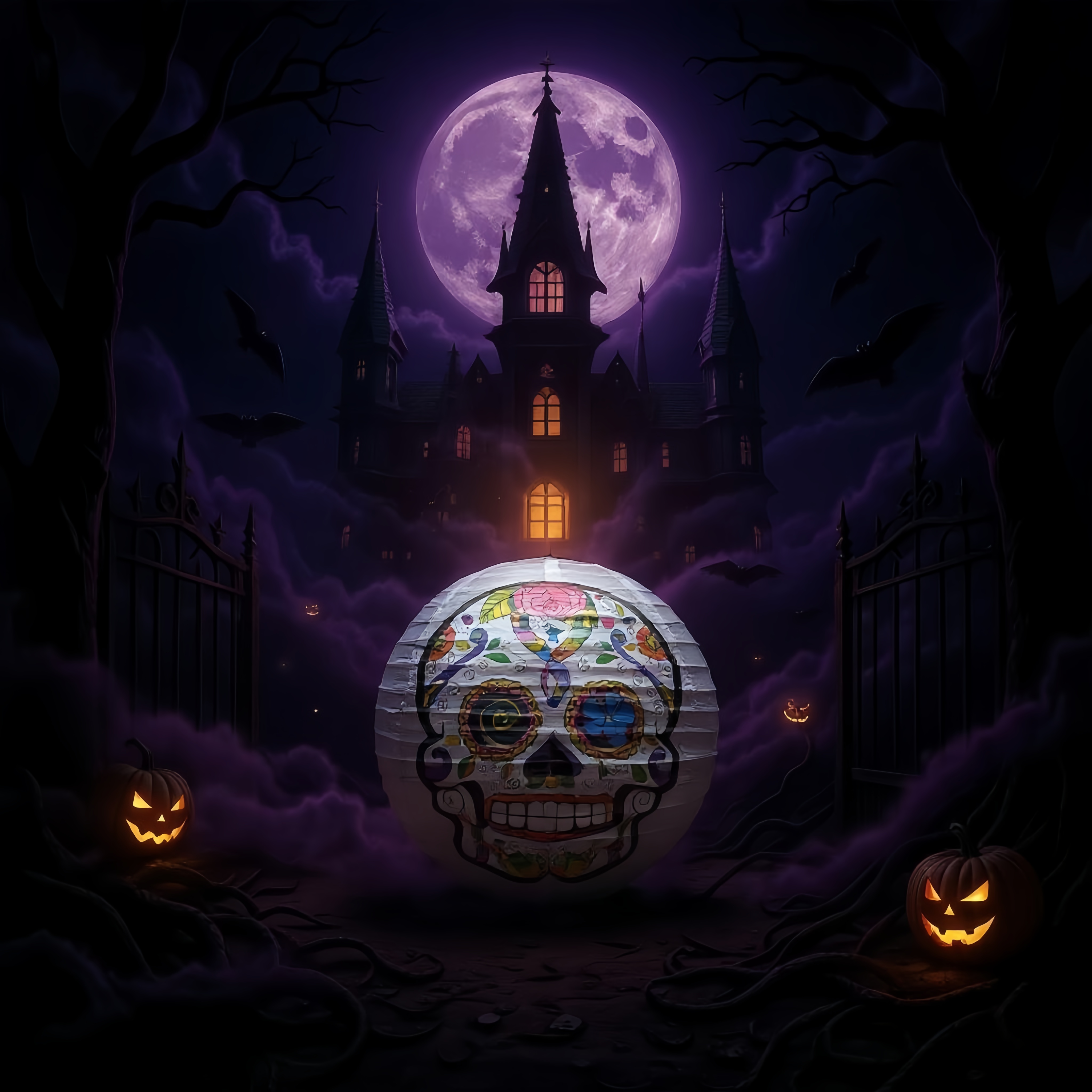 Colorful skull pattern paper lanterns, hand-folded paper, festive atmosphere decorative lights Application Scenario