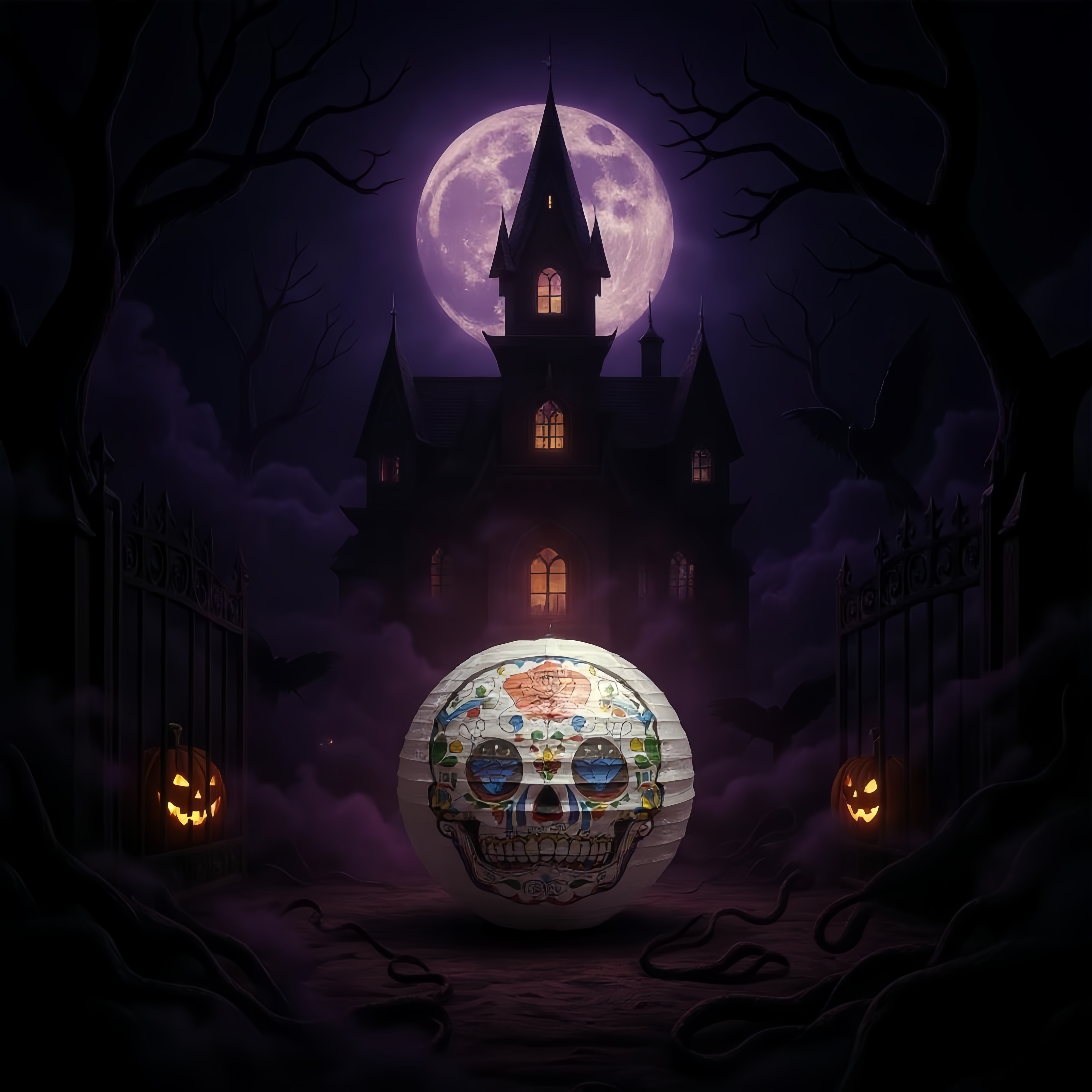 Colorful skull pattern paper lanterns, hand-folded paper, festive atmosphere decorative lights Specification image