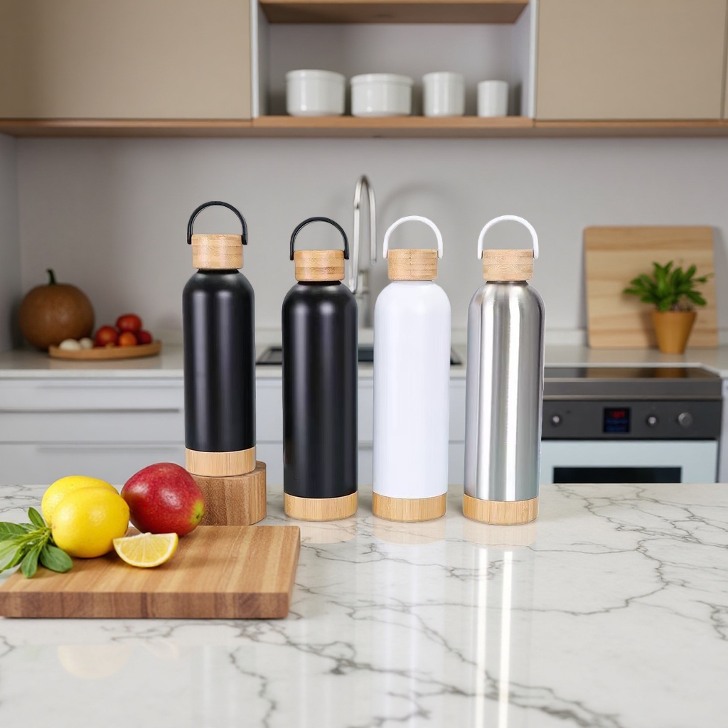 Wholesale of new large-capacity bamboo and wood bottom small-mouth sports water bottles with handles, portable double-layer vacuum cola bottles and cups details Picture