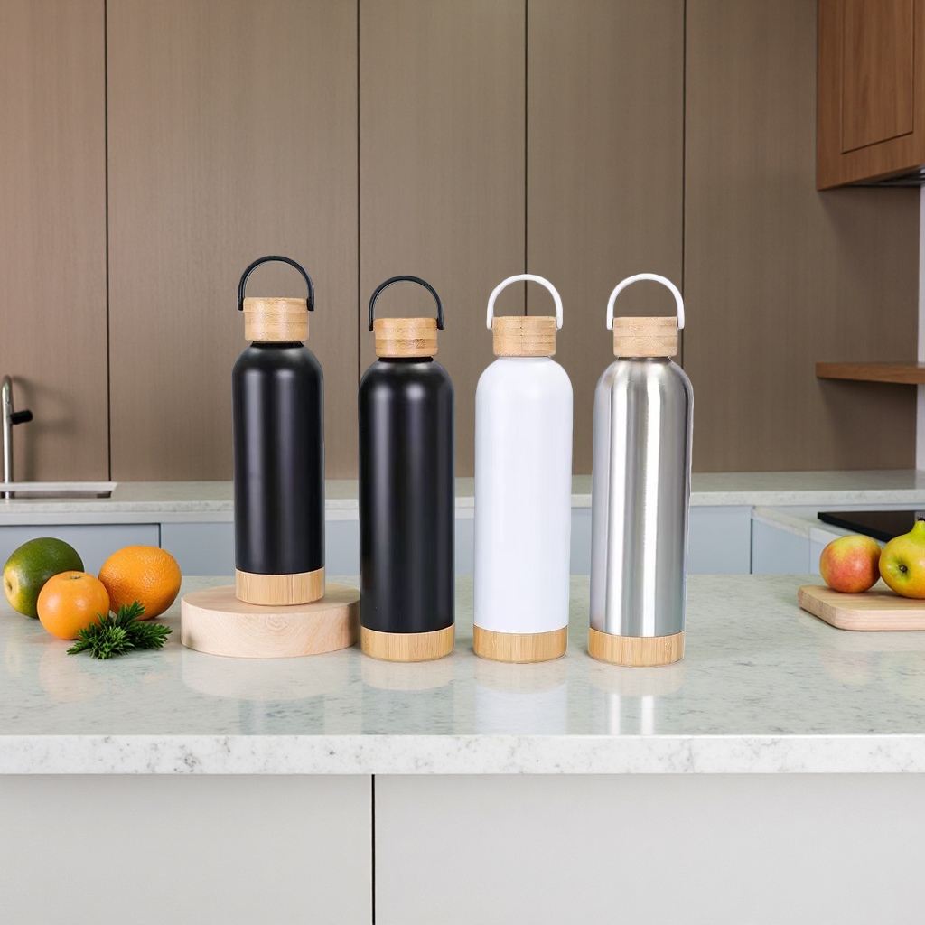 Wholesale of new large-capacity bamboo and wood bottom small-mouth sports water bottles with handles, portable double-layer vacuum cola bottles and cups