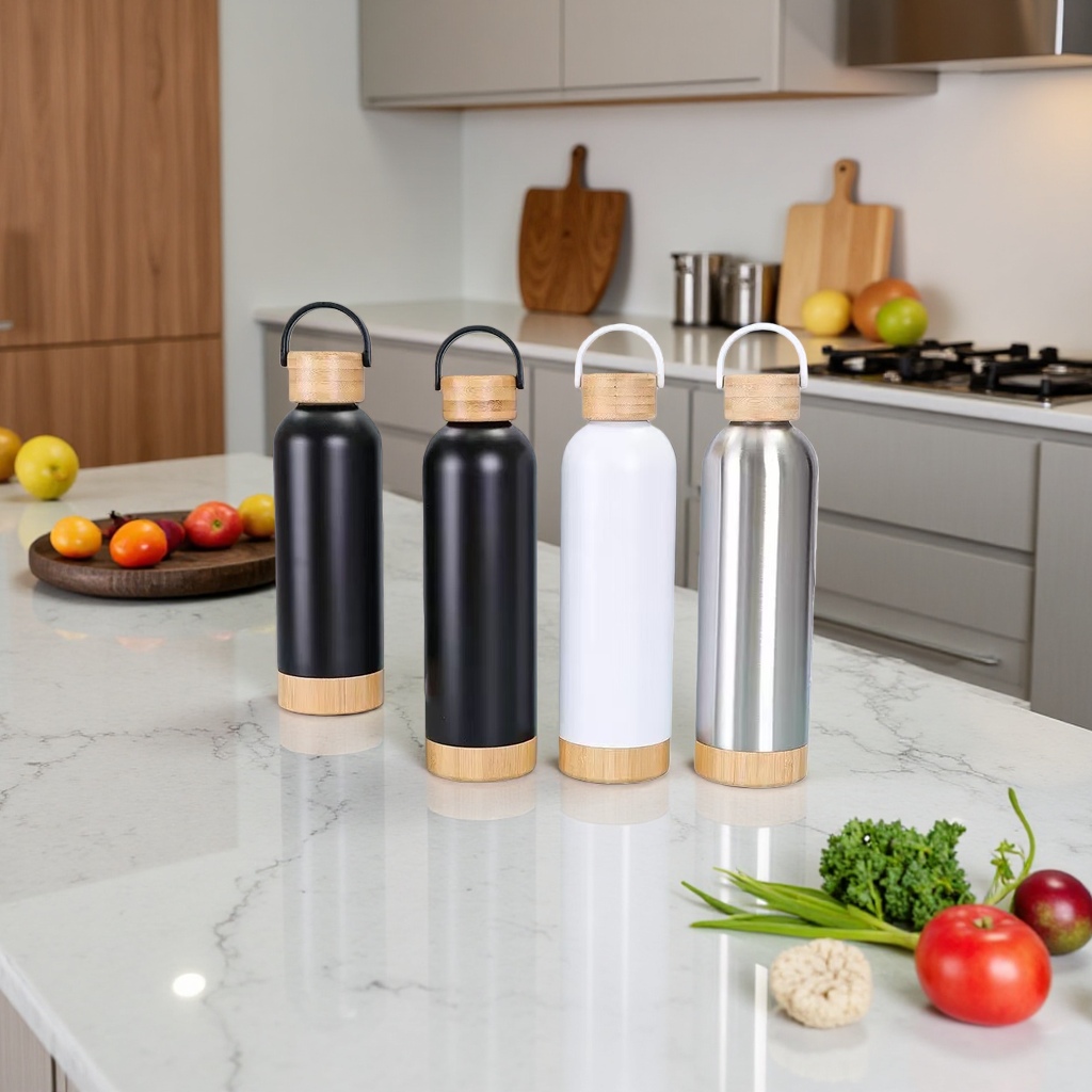 Wholesale of new large-capacity bamboo and wood bottom small-mouth sports water bottles with handles, portable double-layer vacuum cola bottles and cups Specification image