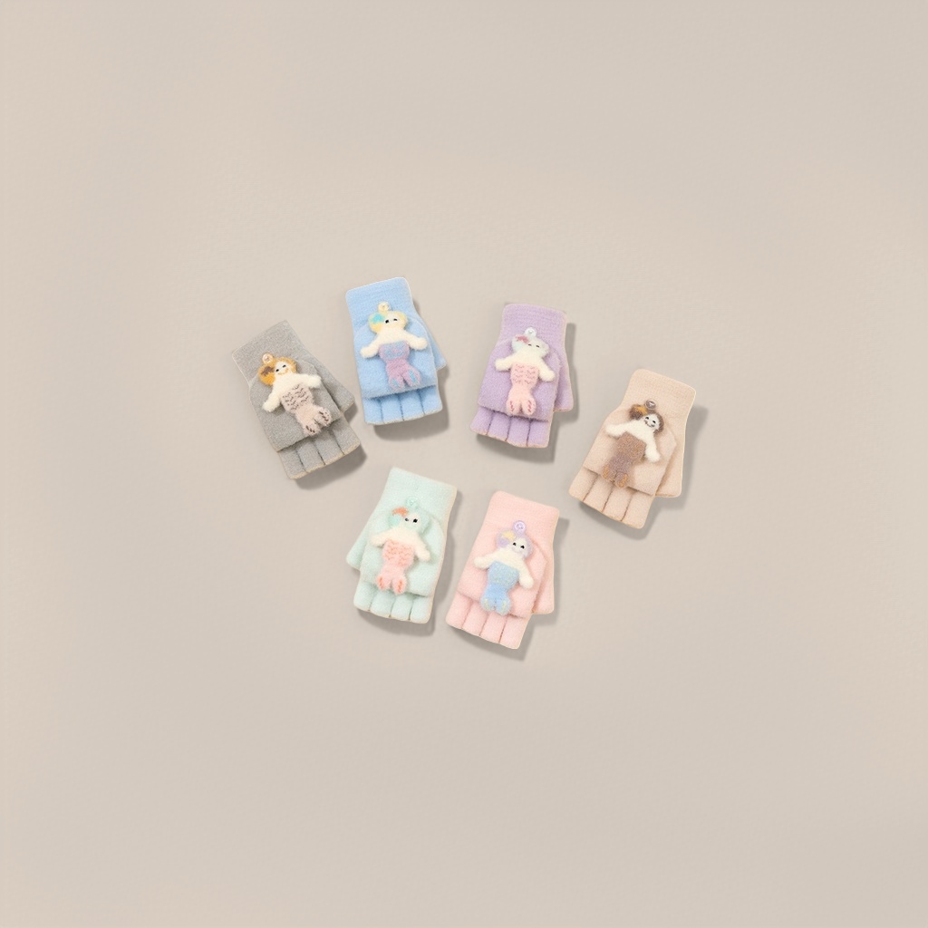 Cute cartoon children's decorated plush half-finger gloves are warm, anti-slip, comfortable and versatile Specification image