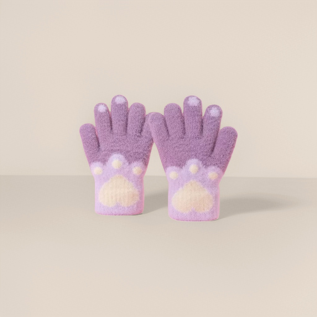 Purple plush cat paw warm gloves are cute and adorable winter children's hand protection against the cold Specification image