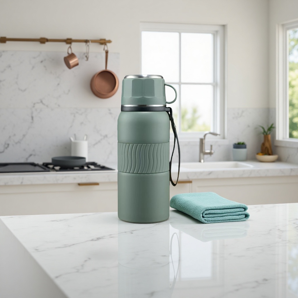 The green insulated cup features a lightweight and simple design, making it a portable water container for both office and home use details Picture