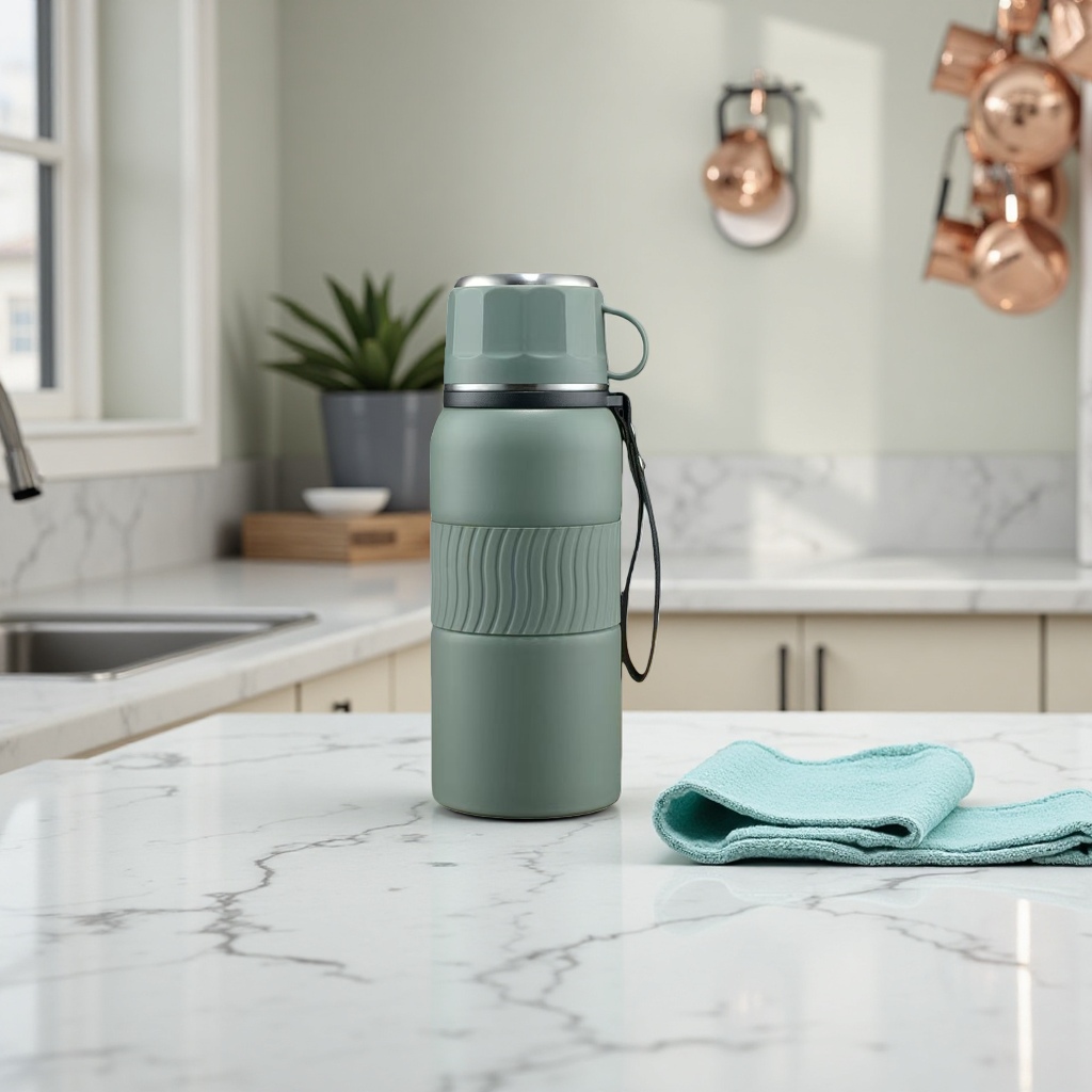 The green insulated cup features a lightweight and simple design, making it a portable water container for both office and home use