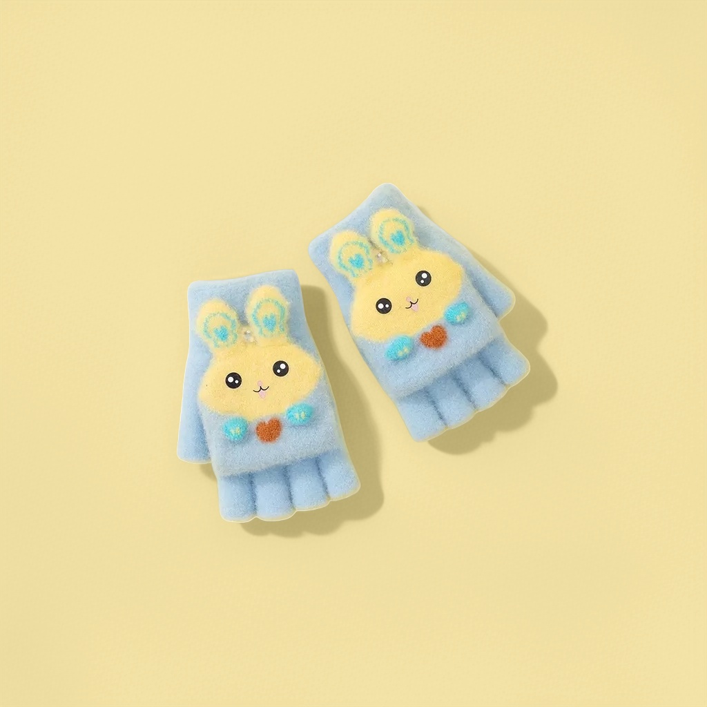 Cute rabbit-patterned black plush gloves, warm, anti-slip and thickened for women in autumn and winter