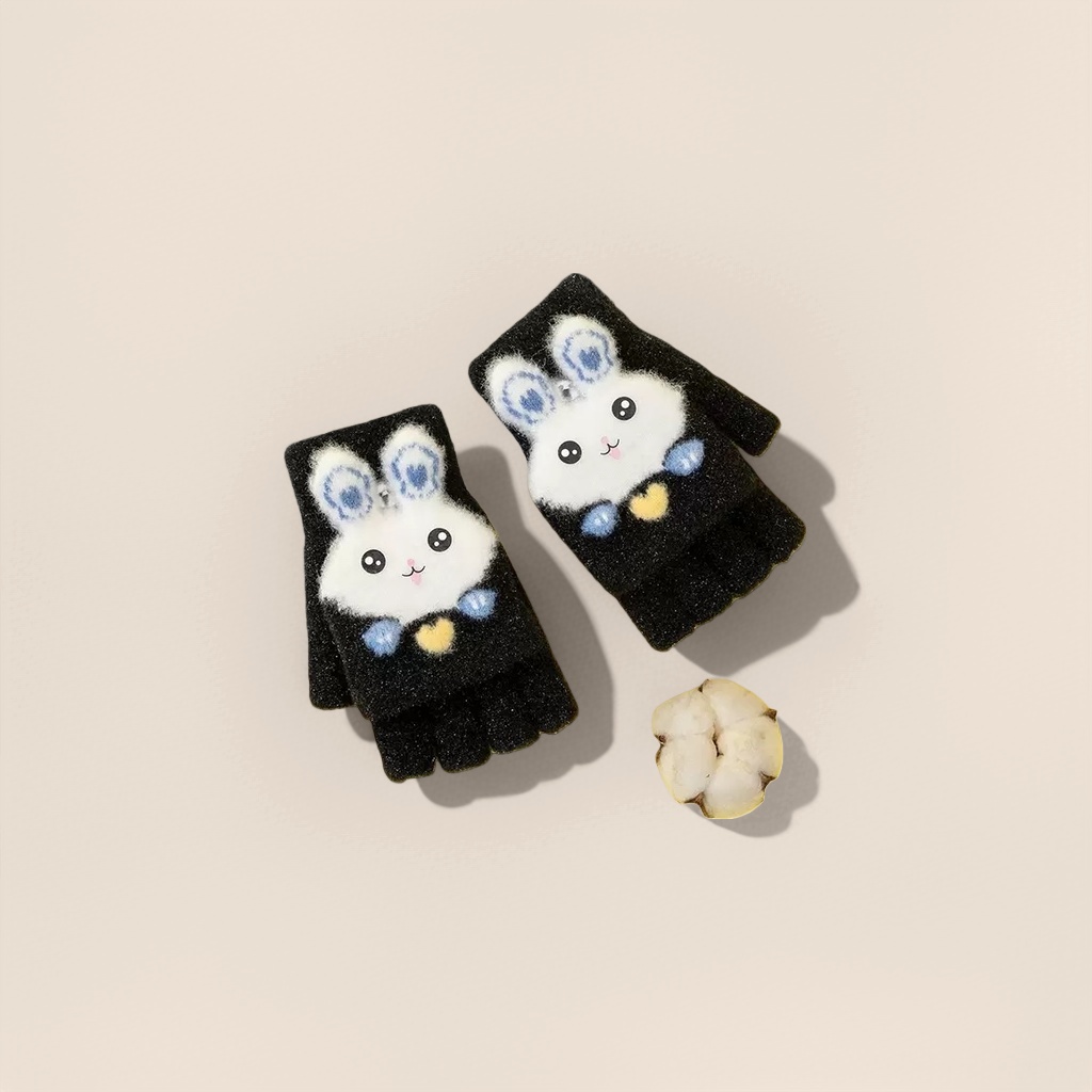 Cute rabbit-patterned black plush gloves, warm, anti-slip and thickened for women in autumn and winter Specification image