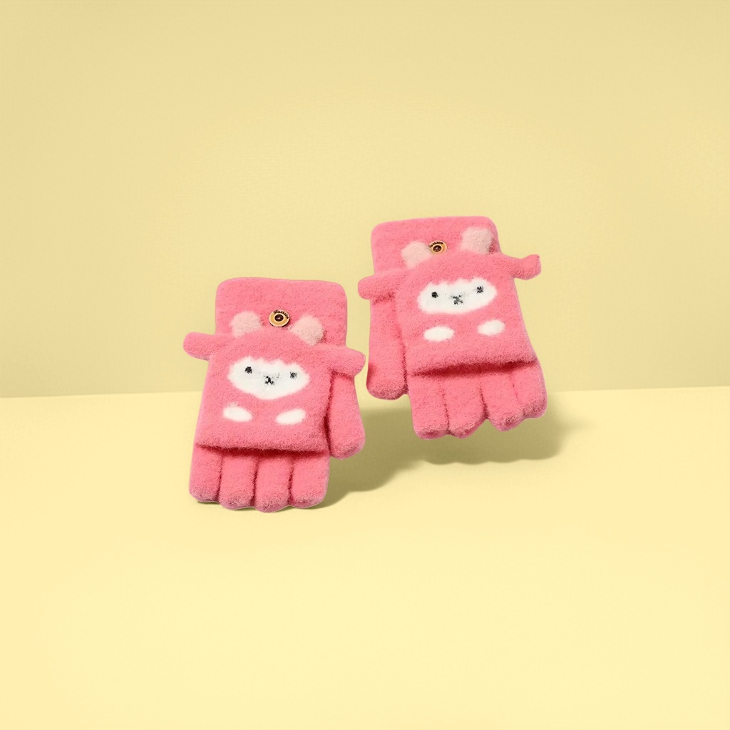 Pink plush gloves for children, thickened for warmth in autumn and winter, cold-proof hand protection, touch screen details Picture