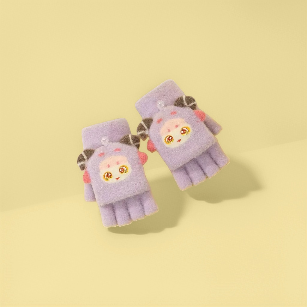Blue plush cartoon gloves for girls, warm and cute in autumn and winter, thickened cold-proof fingers details Picture