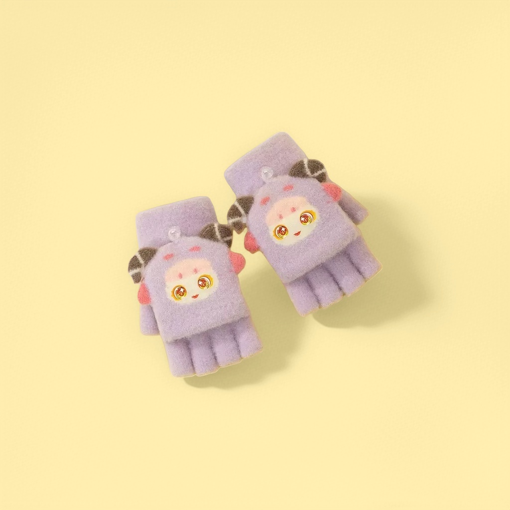蓝色毛绒卡通手套女秋冬保暖可爱加厚防寒分指