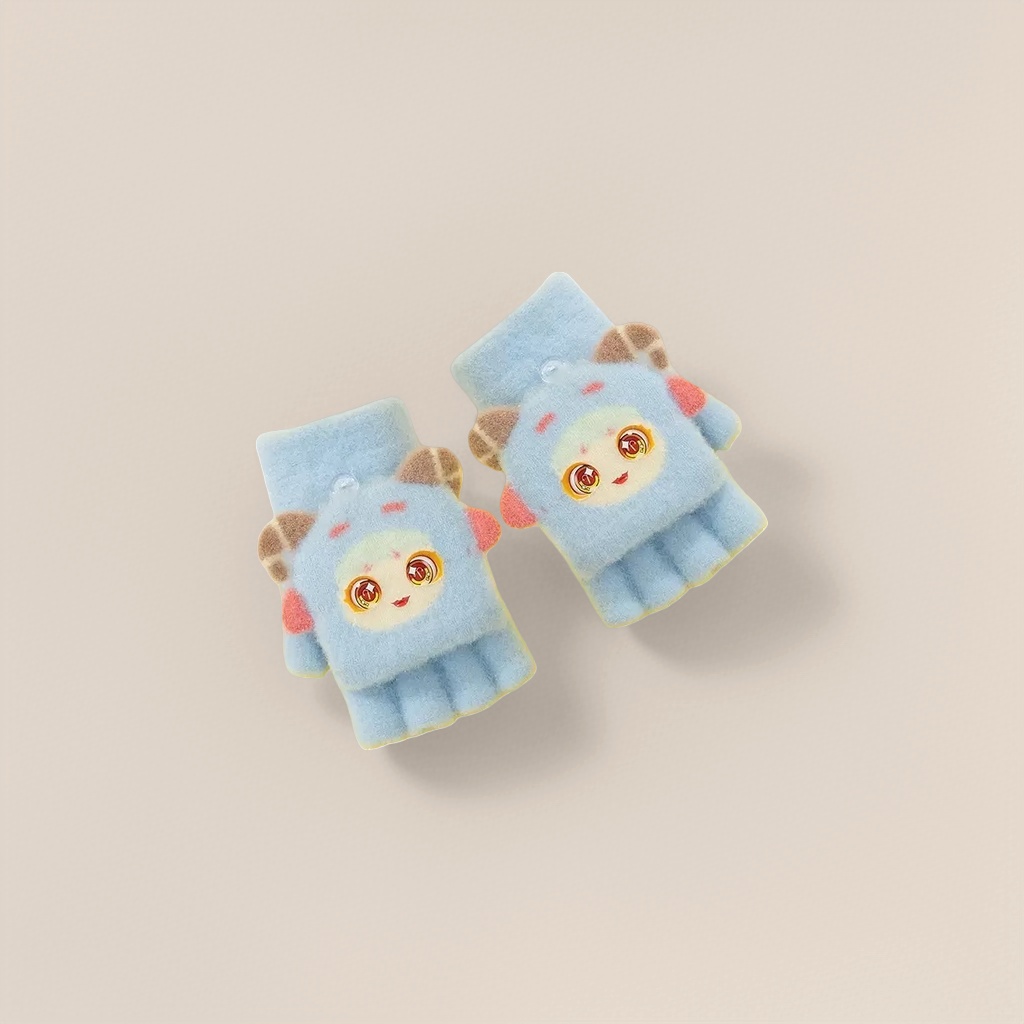 Blue plush cartoon gloves for girls, warm and cute in autumn and winter, thickened cold-proof fingers Specification image