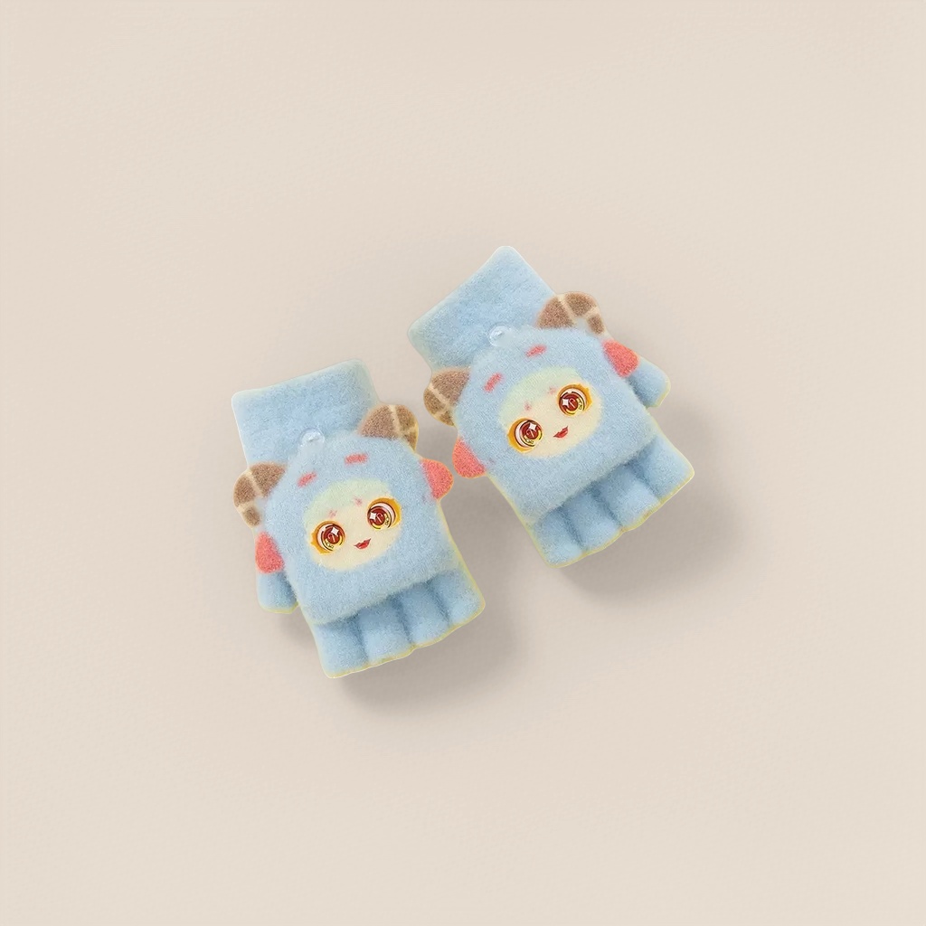 Blue plush cartoon gloves for girls, warm and cute in autumn and winter, thickened cold-proof fingers Application Scenario