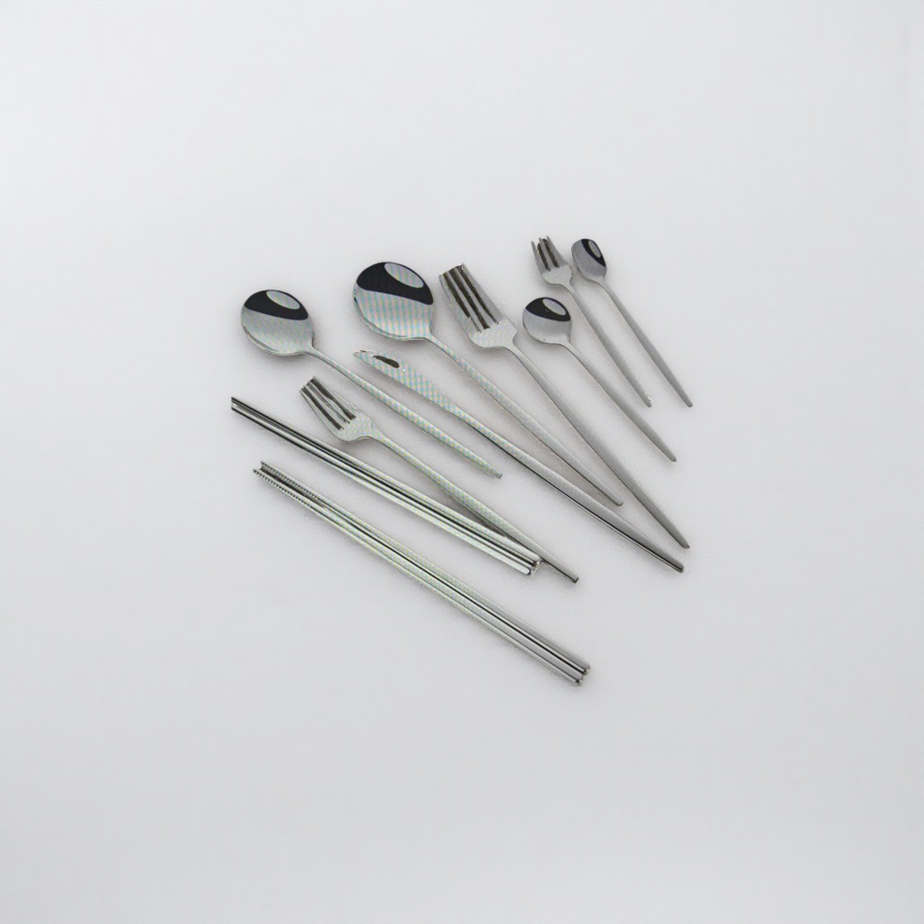 Stainless steel tableware set, three-piece spoon, fork and chopsticks set, for home use, portable and simple style details Picture