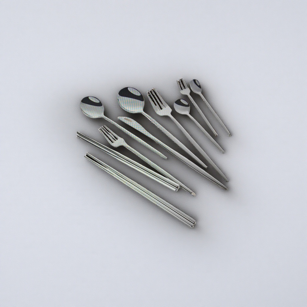 Stainless steel tableware set, three-piece spoon, fork and chopsticks set, for home use, portable and simple style Specification image