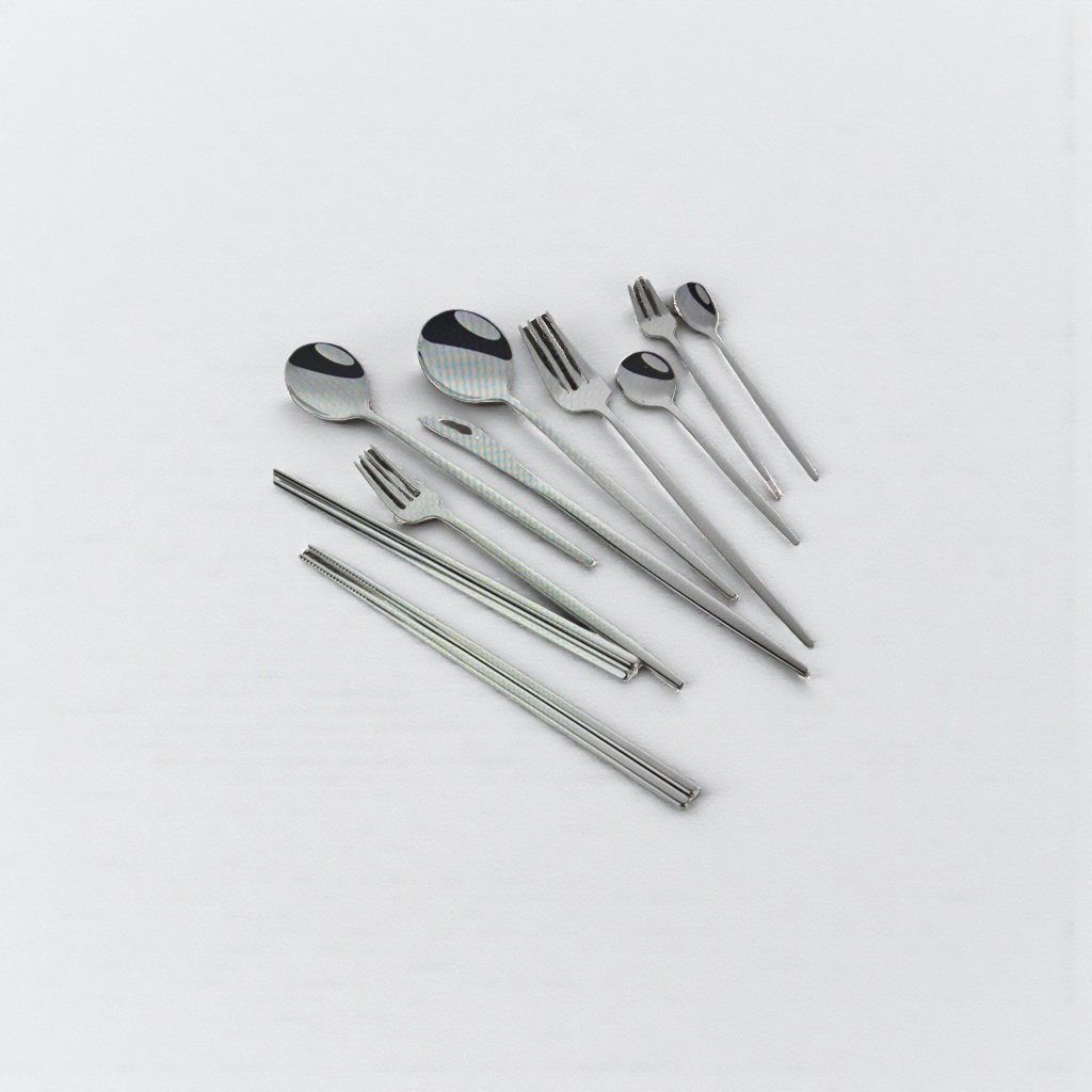 Stainless steel tableware set, three-piece spoon, fork and chopsticks set, for home use, portable and simple style Application Scenario