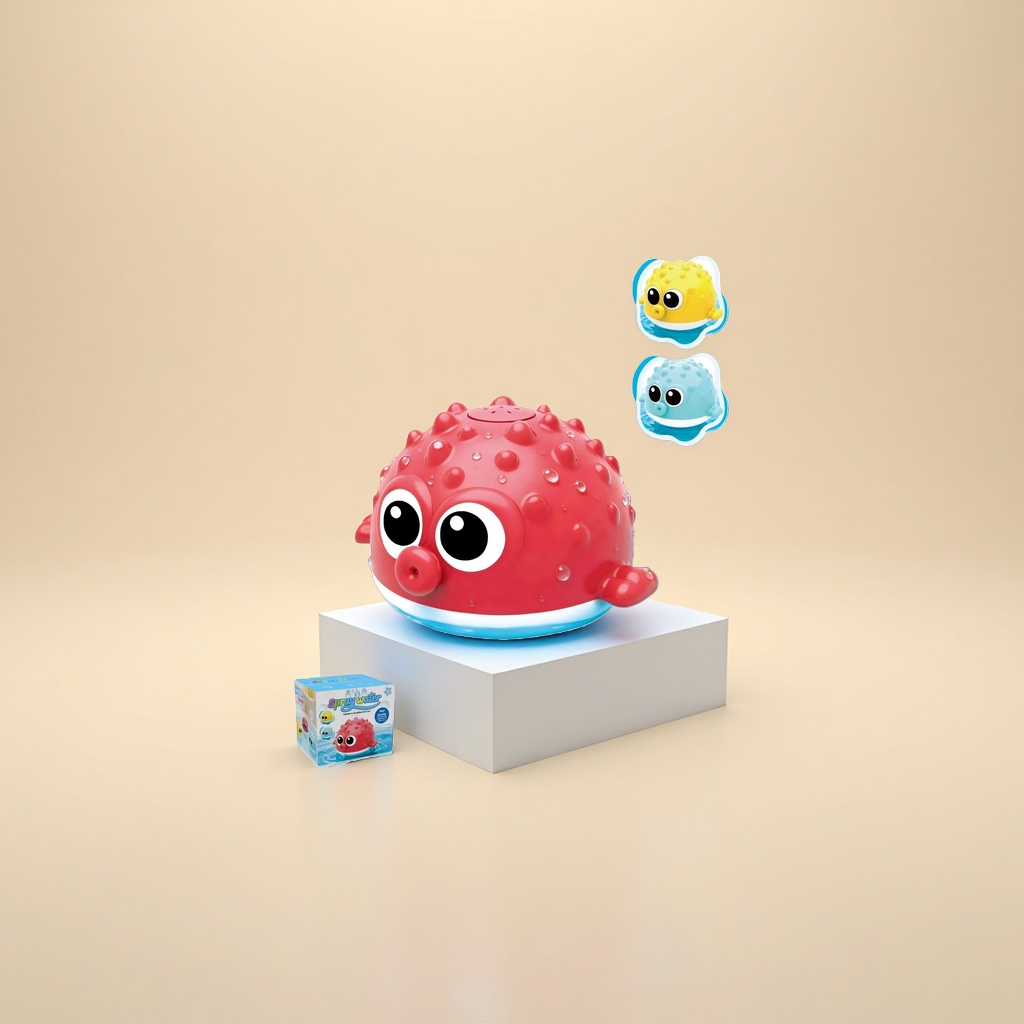 Water spray toy + red pufferfish shaped bathtub toy details Picture