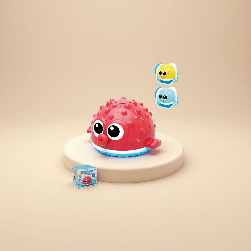 Water spray toy + red pufferfish shaped bathtub toy Application Scenario