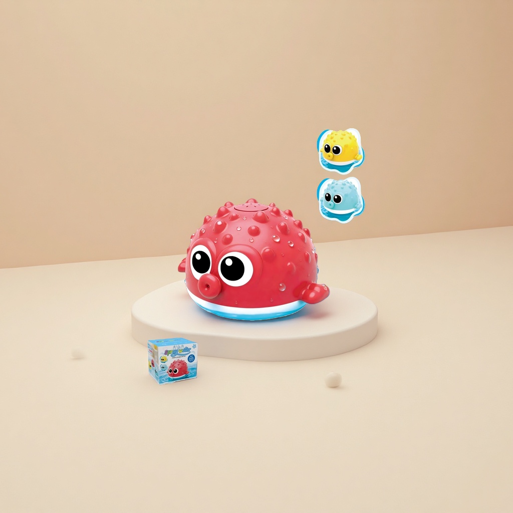 Water spray toy + red pufferfish shaped bathtub toy