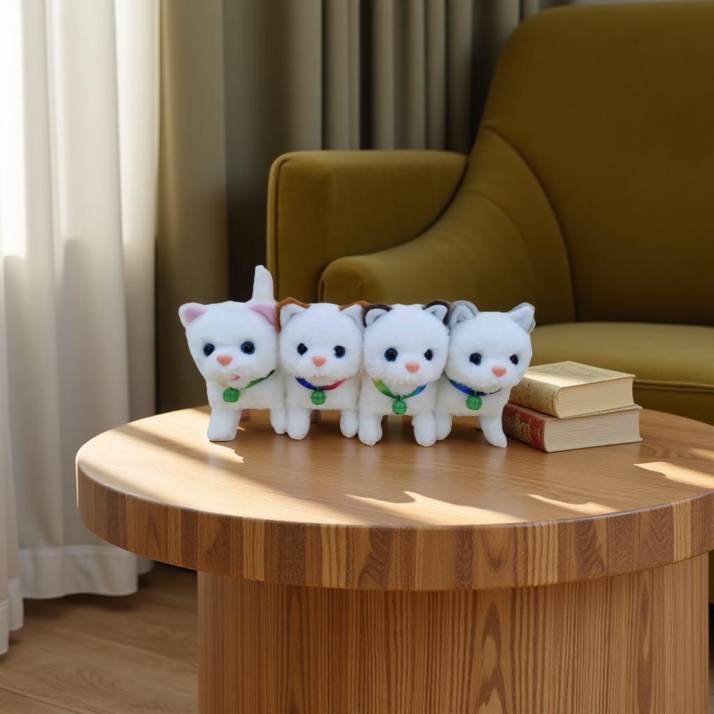 Plush toys + four white kittens
