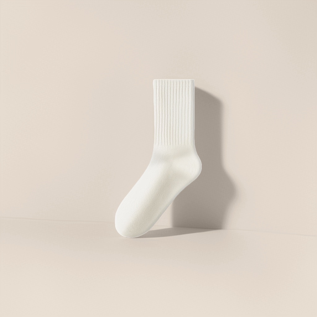 Milky white pure cotton mid-calf socks are a versatile basic style for women. They are comfortable, breathable and won't come off the heel Specification image