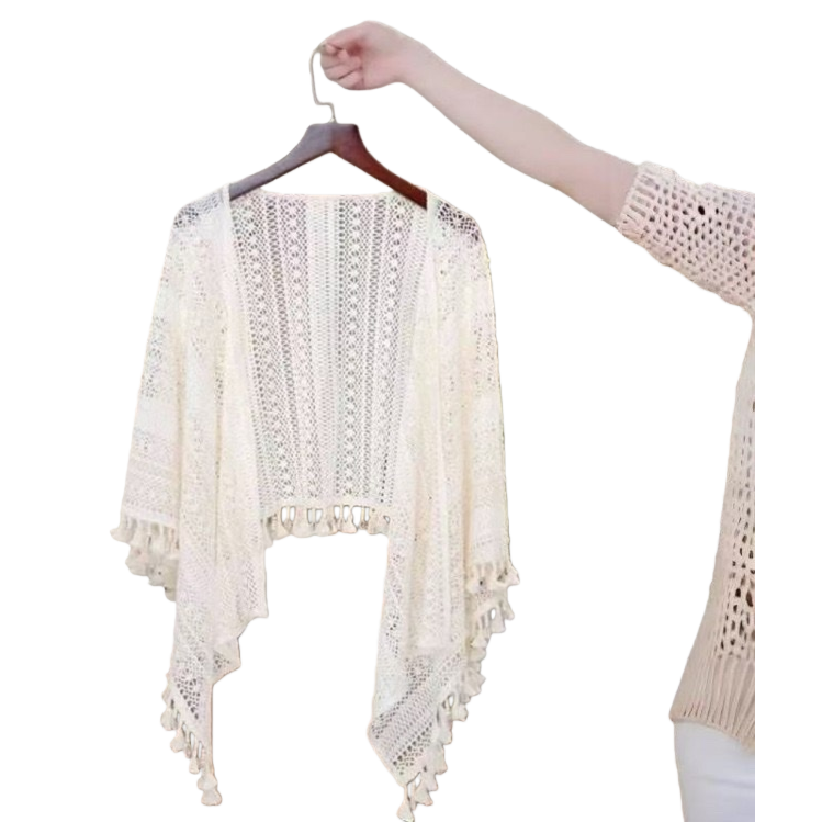 Blanco calado flecos punto cardigan chal casual versátil top Item Picture
