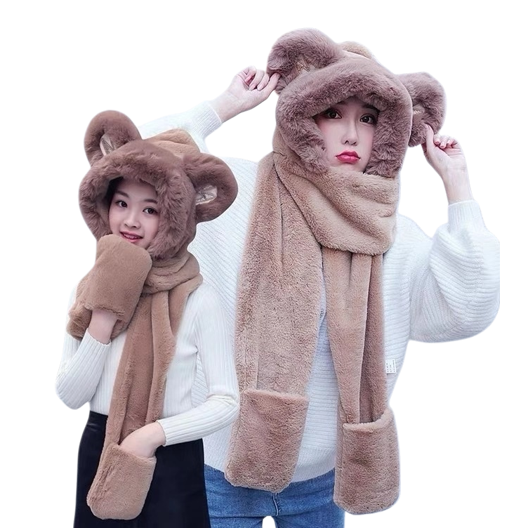 A three-piece set of brown plush bear ear hat, scarf and gloves for women's winter warm accessories Item Picture