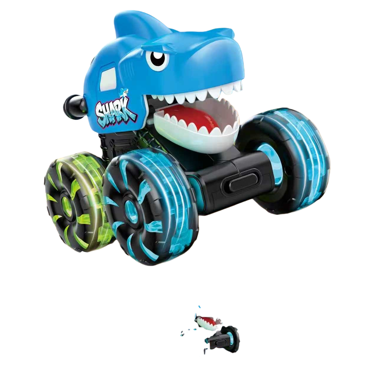 Blue shark-shaped illuminated wheel toy car PRESS GO urban landscape wooden base Item Picture