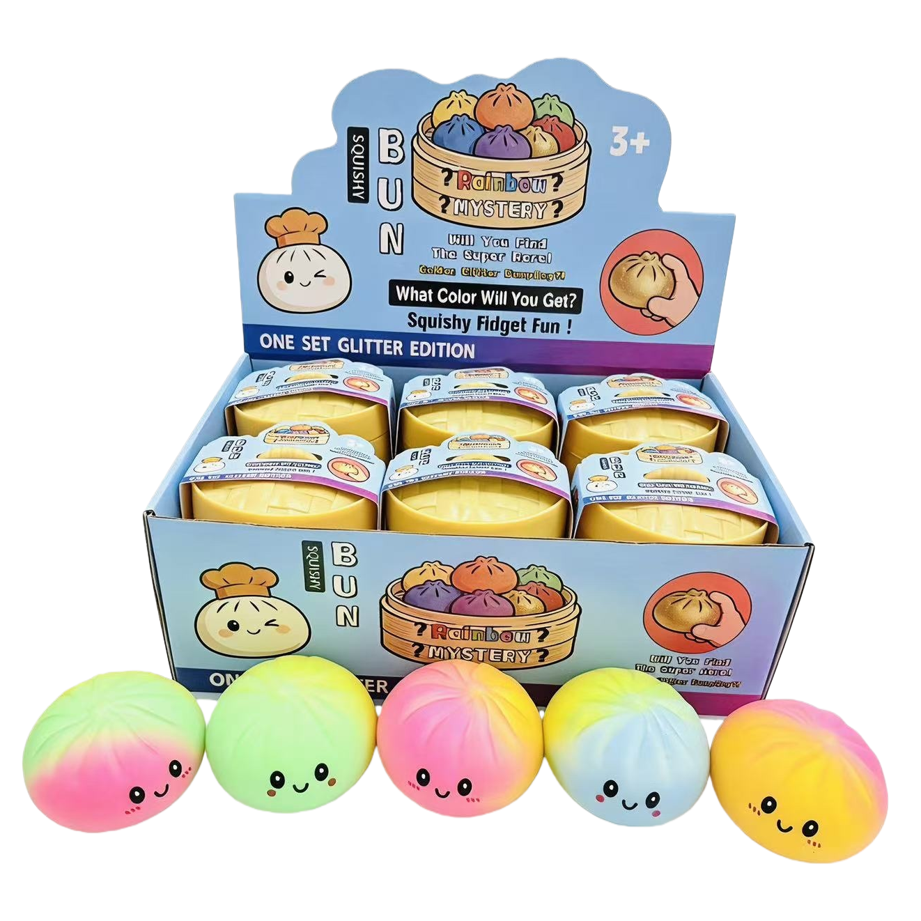 A cute soft rubber toy for squeezing and relieving pressure in the shape of colorful gradient buns Item Picture