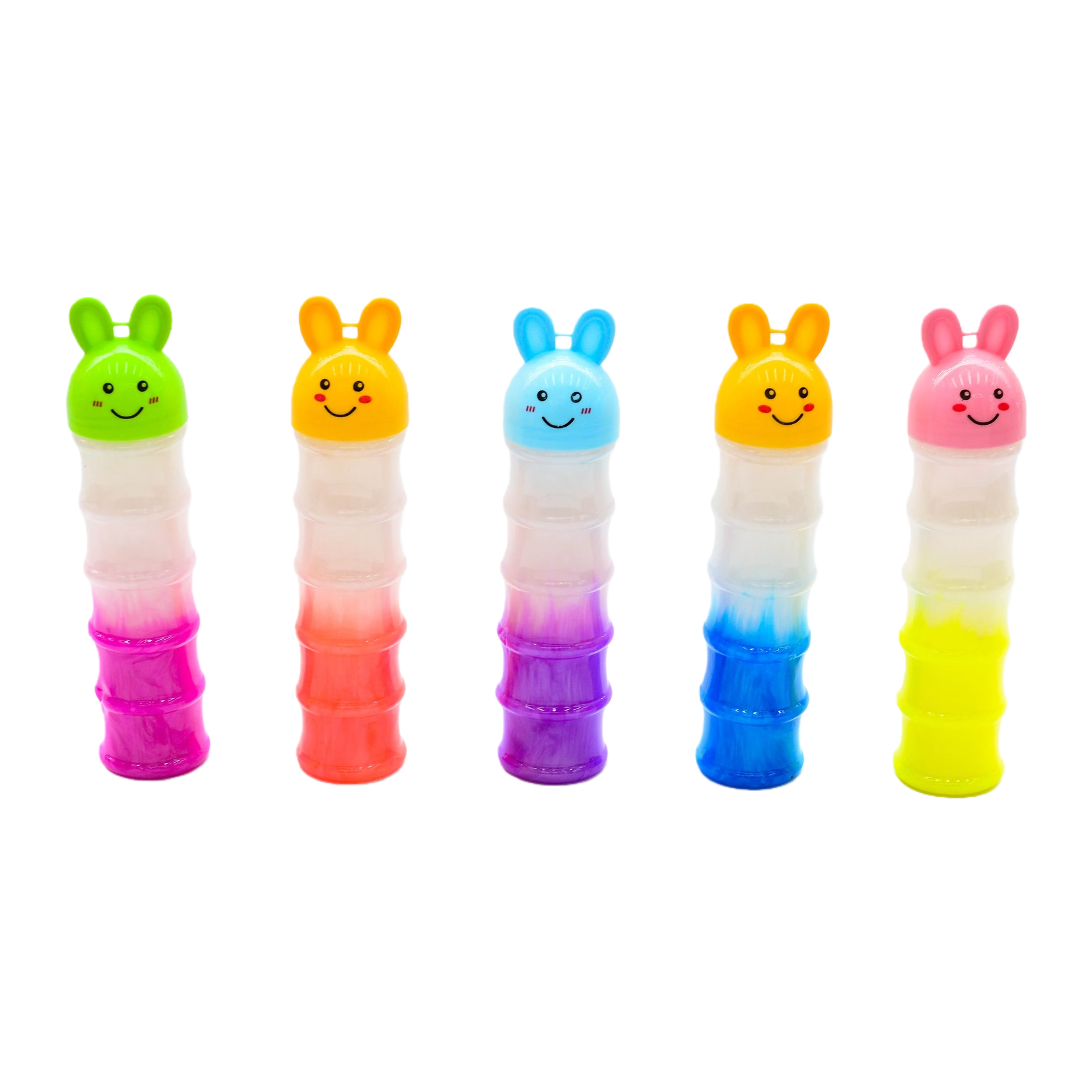 A five-piece set of color-changing rabbit-shaped extrusion bottles with gradient colors and white background rabbit caps Item Picture