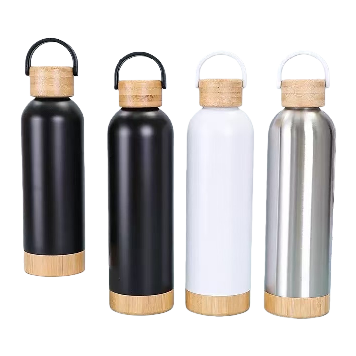 Wholesale of new large-capacity bamboo and wood bottom small-mouth sports water bottles with handles, portable double-layer vacuum cola bottles and cups Item Picture