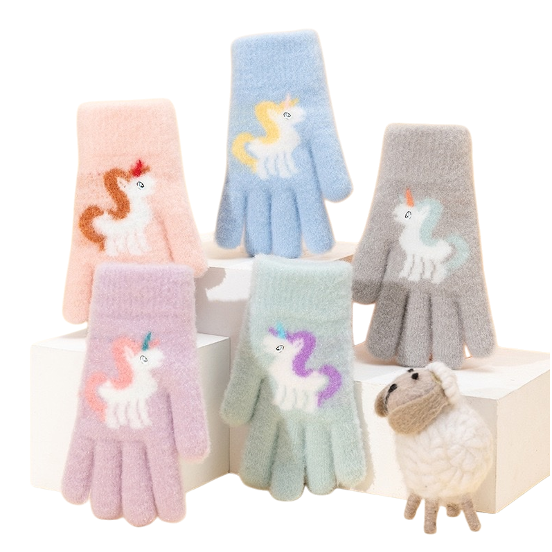 Thickened plush unicorn-patterned gloves for warmth, cute cartoon for girls in winter Item Picture