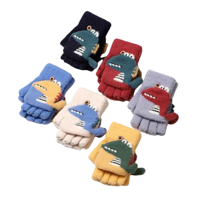 Cartoon dinosaur pattern plush gloves, warm and cold-proof, cute winter style for children Item Picture